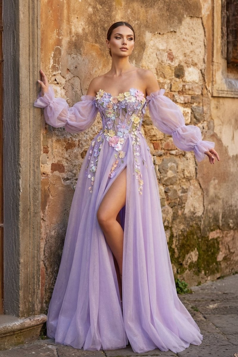 Lavender A-Line Strapless Tulle Formal Prom Gown with 3D Flowers