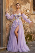 Lavender A-Line Strapless Tulle Formal Prom Gown with 3D Flowers
