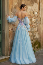 Lavender A-Line Strapless Tulle Formal Prom Gown with 3D Flowers