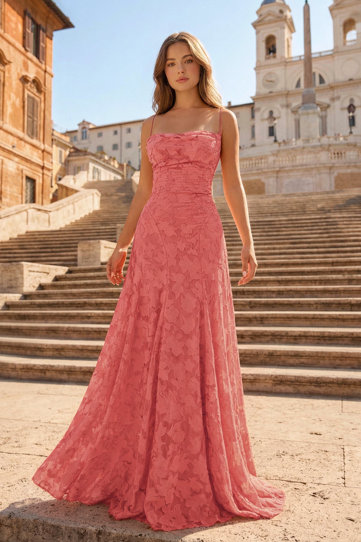 Pink A-Line Lace Floral Spaghetti Straps Long Formal Prom Gown