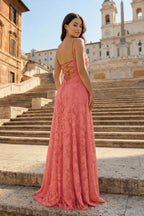 Pink A-Line Lace Floral Spaghetti Straps Long Formal Prom Gown