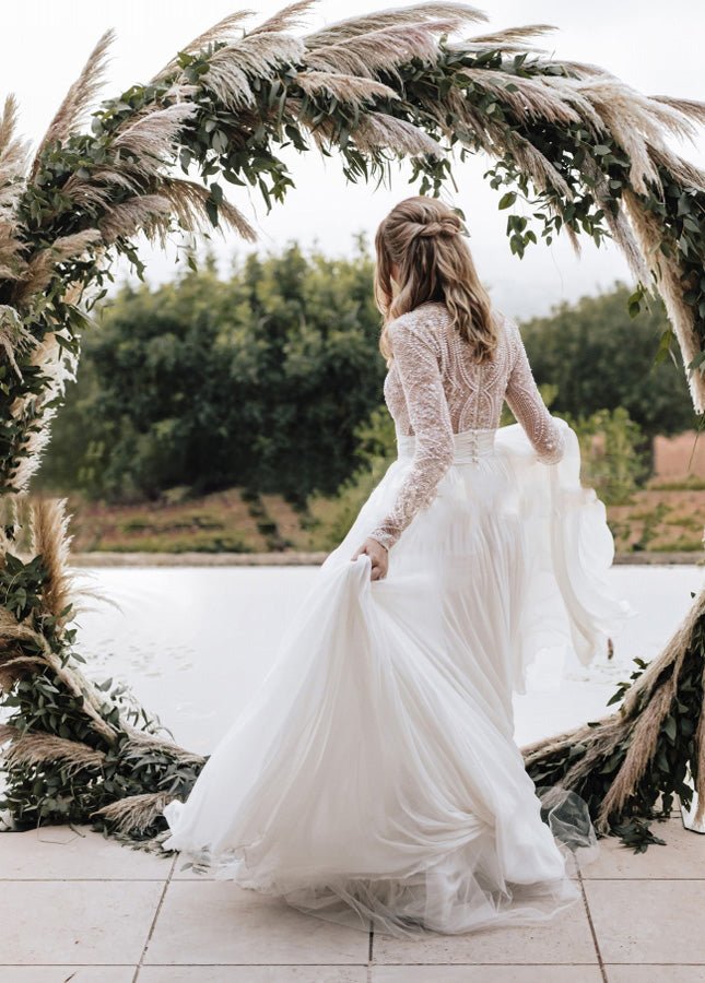 White Tulle A-Line Wedding Dress with Beading and Floor Length