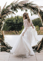White Tulle A-Line Wedding Dress with Beading and Floor Length