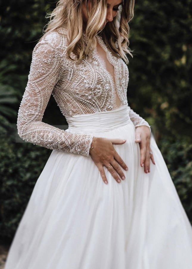 White Tulle A-Line Wedding Dress with Beading and Floor Length