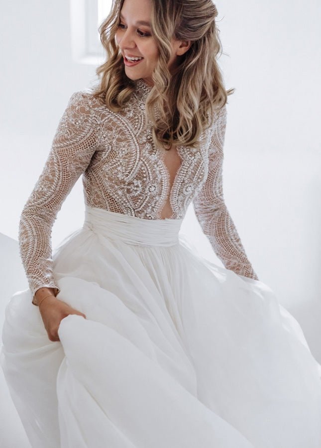 White Tulle A-Line Wedding Dress with Beading and Floor Length