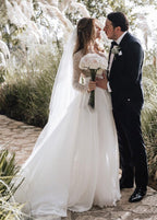 White Tulle A-Line Wedding Dress with Beading and Floor Length