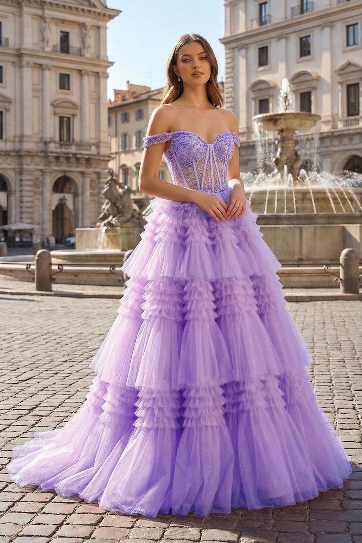 Aurelia Wren Lavender front view prom dress