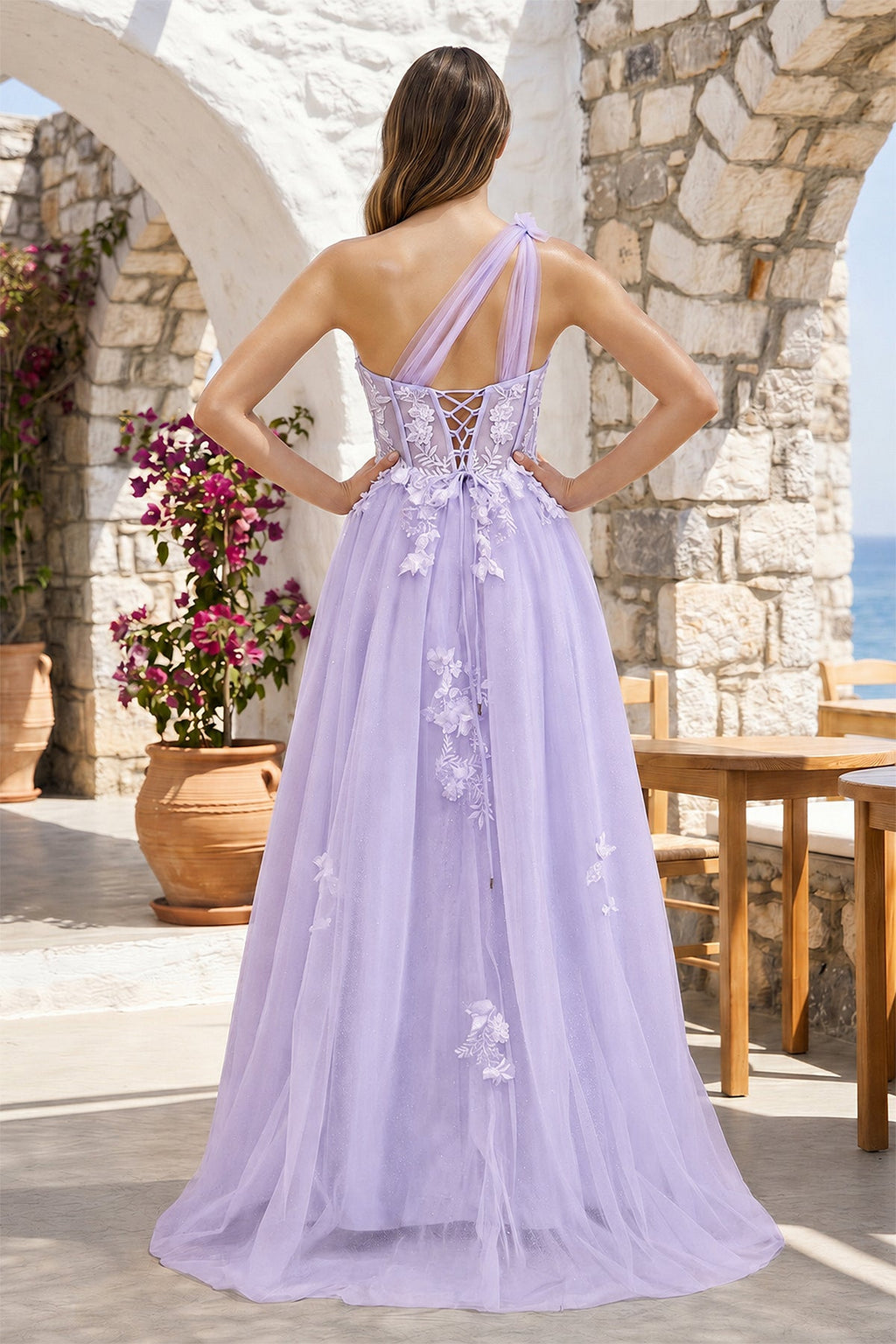 A Line One Shoulder Black Long Formal Prom Gown with Appliques