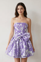 Blue Flower Jacquard Strapless A-Line Bowknot Homecoming Dress With Pearl