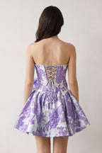 Blue Flower Jacquard Strapless A-Line Bowknot Homecoming Dress With Pearl