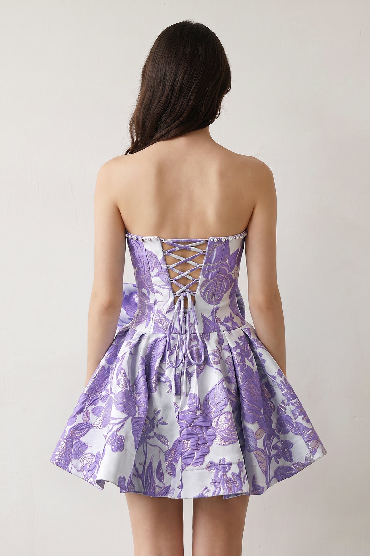 Blue Flower Jacquard Strapless A-Line Bowknot Homecoming Dress With Pearl