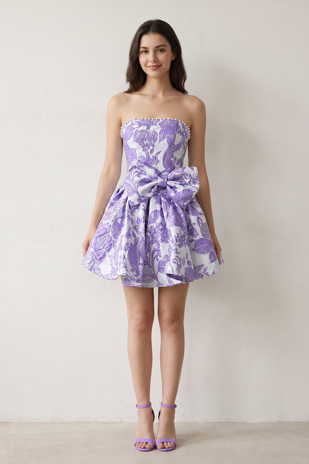 Blue Flower Jacquard Strapless A-Line Bowknot Homecoming Dress With Pearl