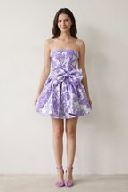 Blue Flower Jacquard Strapless A-Line Bowknot Homecoming Dress With Pearl