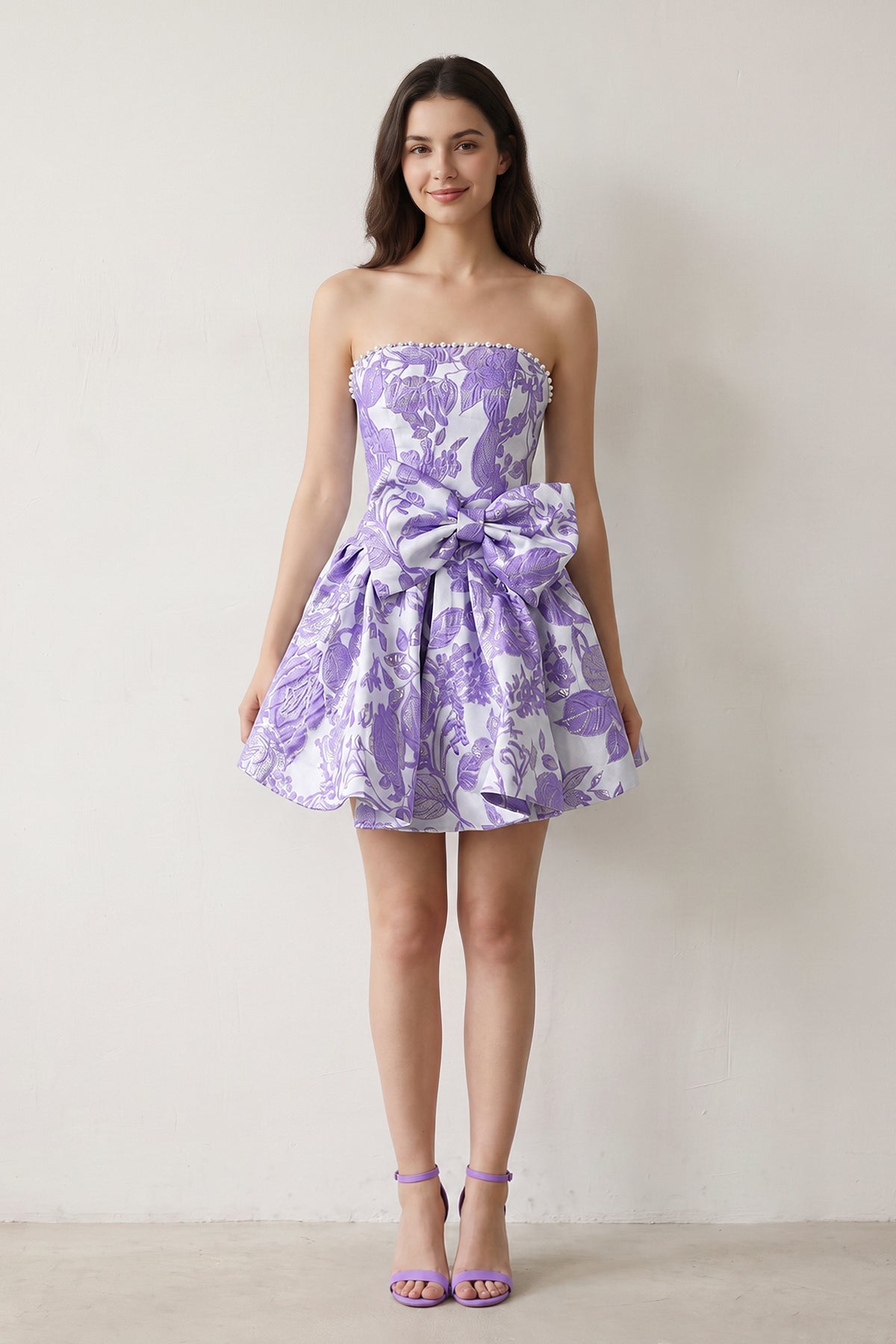 Blue Flower Jacquard Strapless A-Line Bowknot Homecoming Dress With Pearl