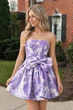 Blue Flower Jacquard Strapless A-Line Bowknot Homecoming Dress With Pearl