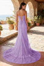 Lavender Lace Mermaid Evening Dress with Strapless Neckline and Slit