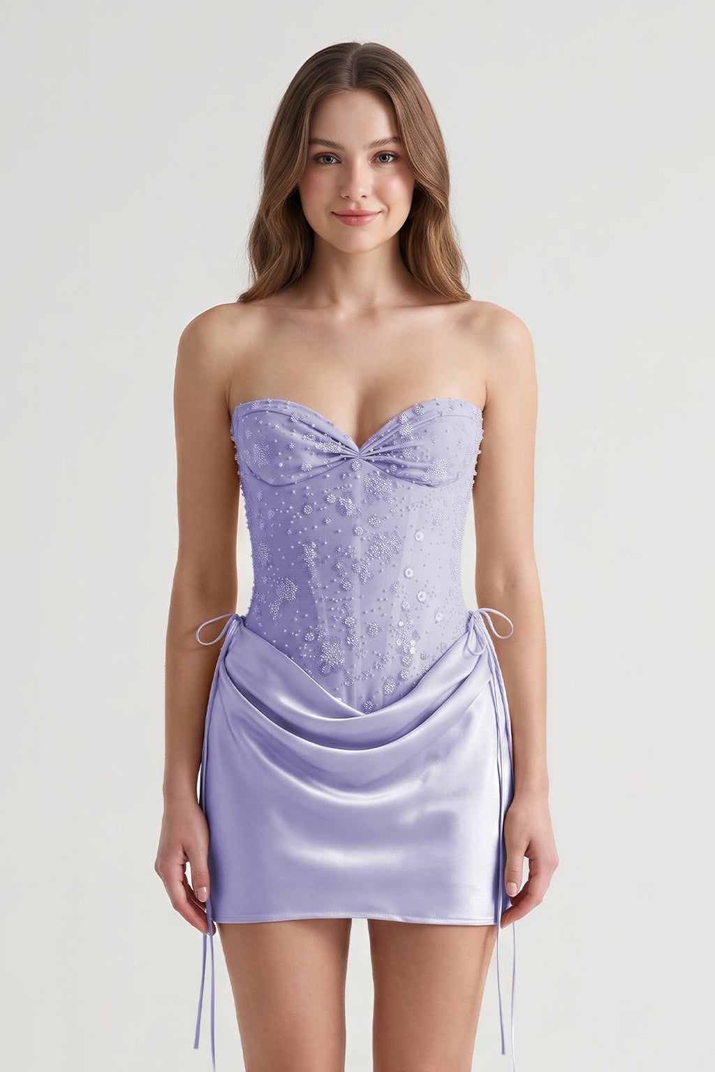 Pink Sweetheart Sheath Corset Ruched Satin Homecoming Dress with Beading