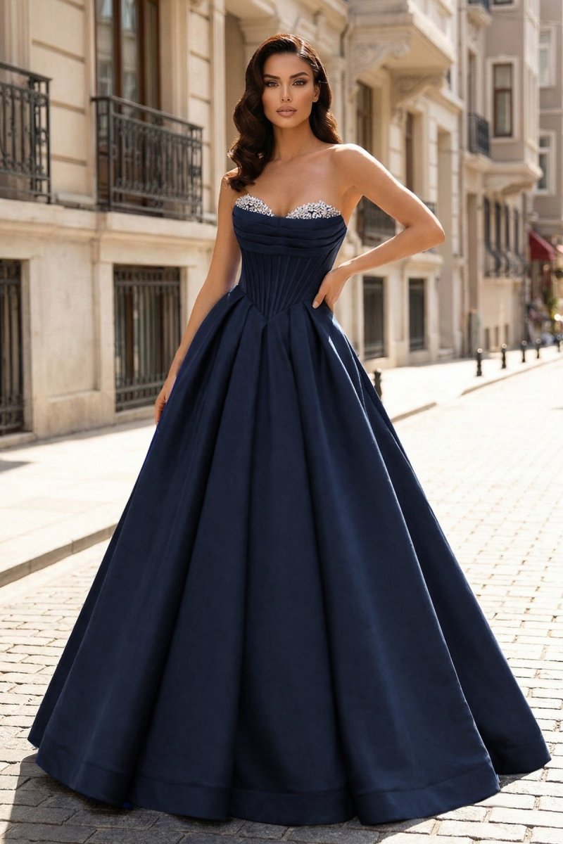 Theodosia Moon Navy Blue front view prom dress