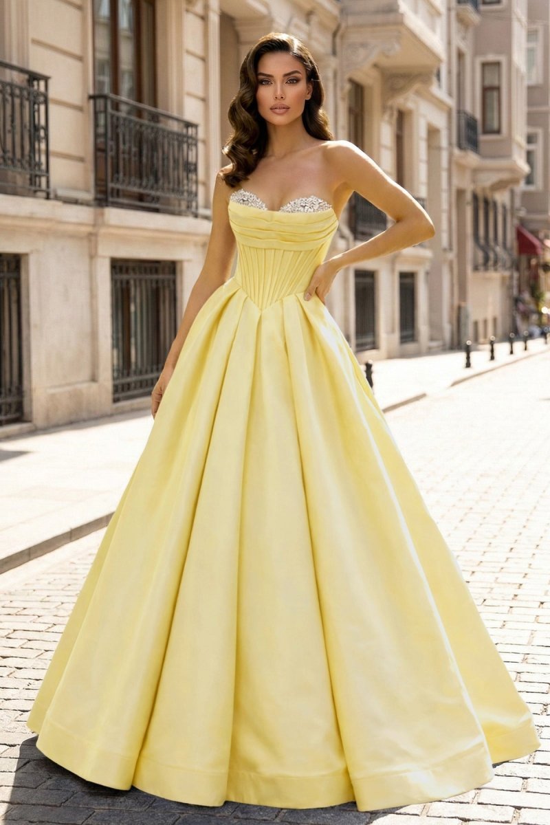 Theodosia Moon Yellow front view prom dress