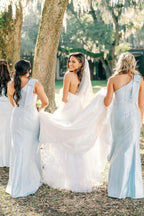 Sky Blue Satin Sheath Bridesmaid Dress with One Shoulder Neckline