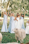 Sky Blue Satin Sheath Bridesmaid Dress with One Shoulder Neckline