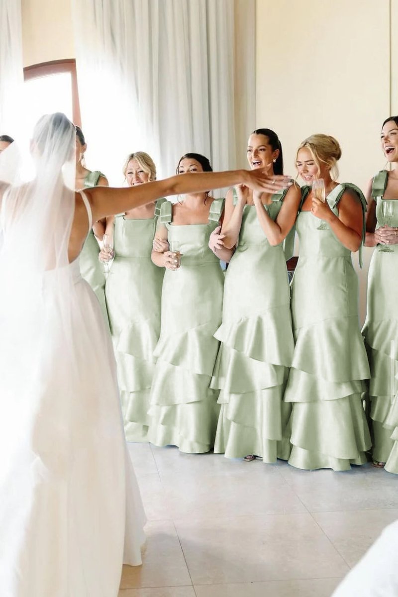 Sky Blue Satin Mermaid Bridesmaid Dress with Square Neck Neckline and Floor Length