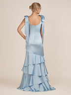 Sky Blue Satin Mermaid Bridesmaid Dress with Square Neck Neckline and Floor Length