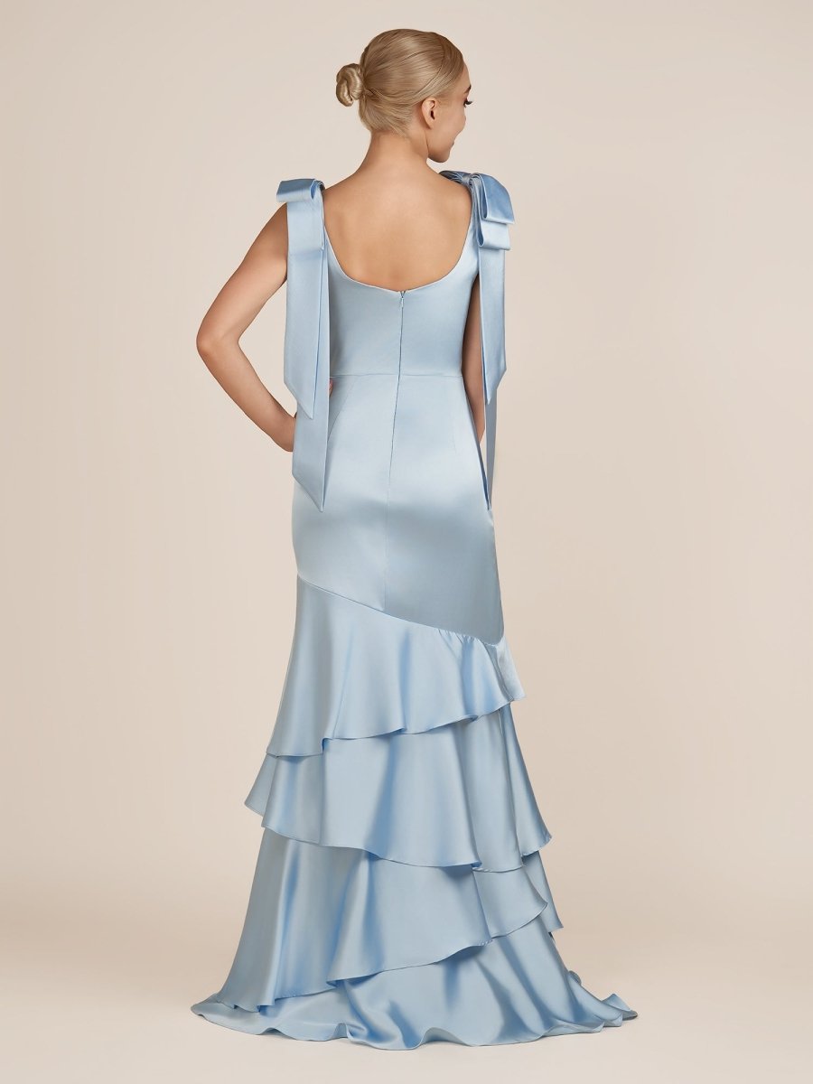 Sky Blue Satin Mermaid Bridesmaid Dress with Square Neck Neckline and Floor Length