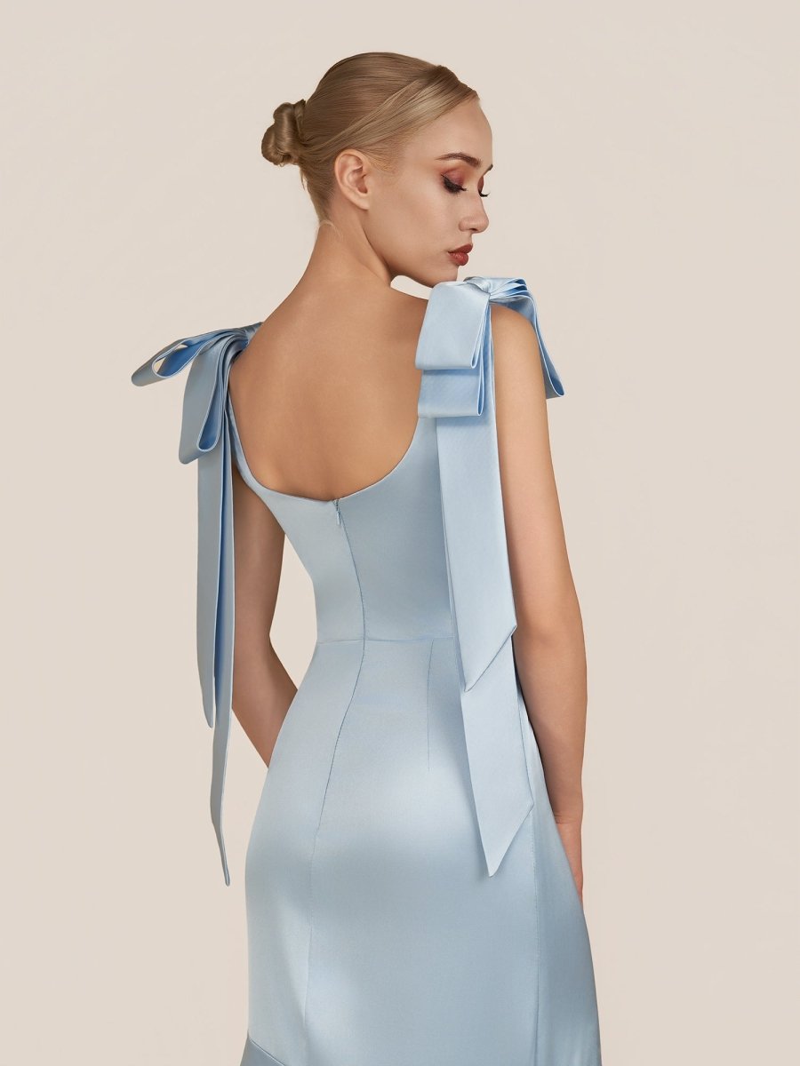 Sky Blue Satin Mermaid Bridesmaid Dress with Square Neck Neckline and Floor Length