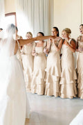 Sky Blue Satin Mermaid Bridesmaid Dress with Square Neck Neckline and Floor Length