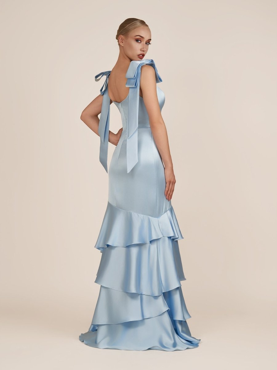 Sky Blue Satin Mermaid Bridesmaid Dress with Square Neck Neckline and Floor Length
