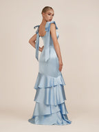 Sky Blue Satin Mermaid Bridesmaid Dress with Square Neck Neckline and Floor Length