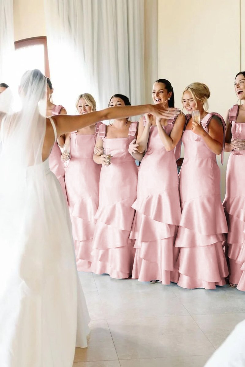 Sky Blue Satin Mermaid Bridesmaid Dress with Square Neck Neckline and Floor Length