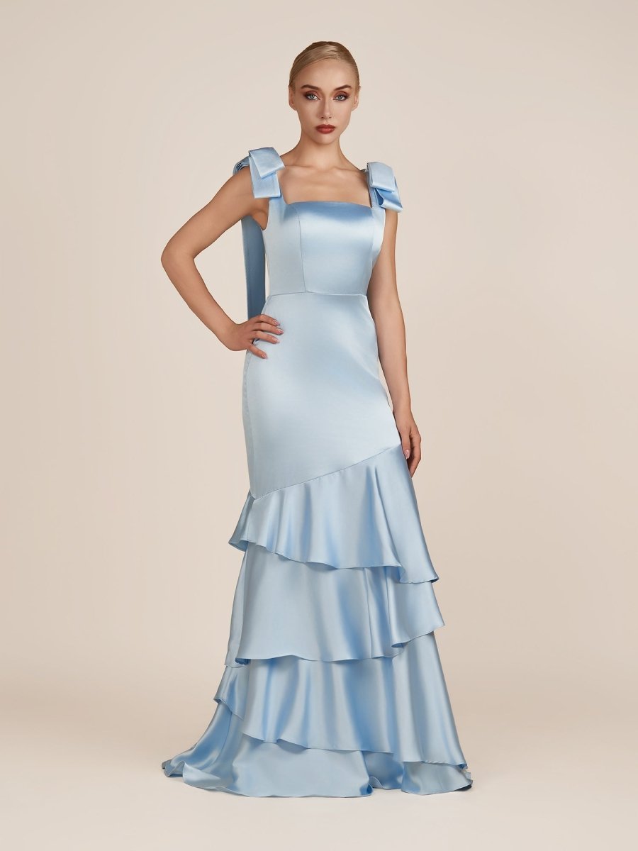 Sky Blue Satin Mermaid Bridesmaid Dress with Square Neck Neckline and Floor Length