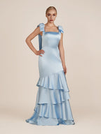 Sky Blue Satin Mermaid Bridesmaid Dress with Square Neck Neckline and Floor Length