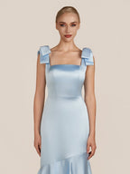 Sky Blue Satin Mermaid Bridesmaid Dress with Square Neck Neckline and Floor Length