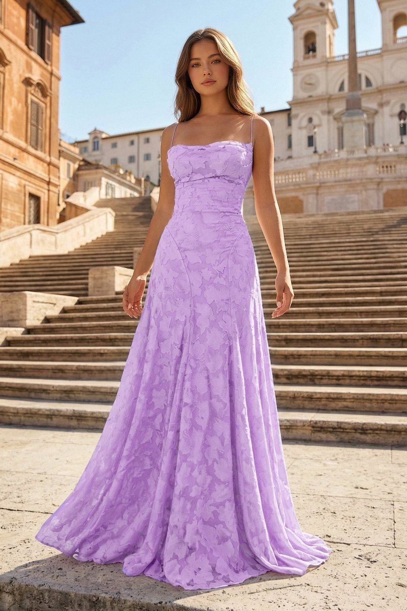 Pink A-Line Lace Floral Spaghetti Straps Long Formal Prom Gown