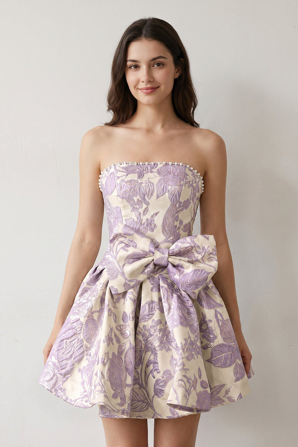 Blue Flower Jacquard Strapless A-Line Bowknot Homecoming Dress With Pearl