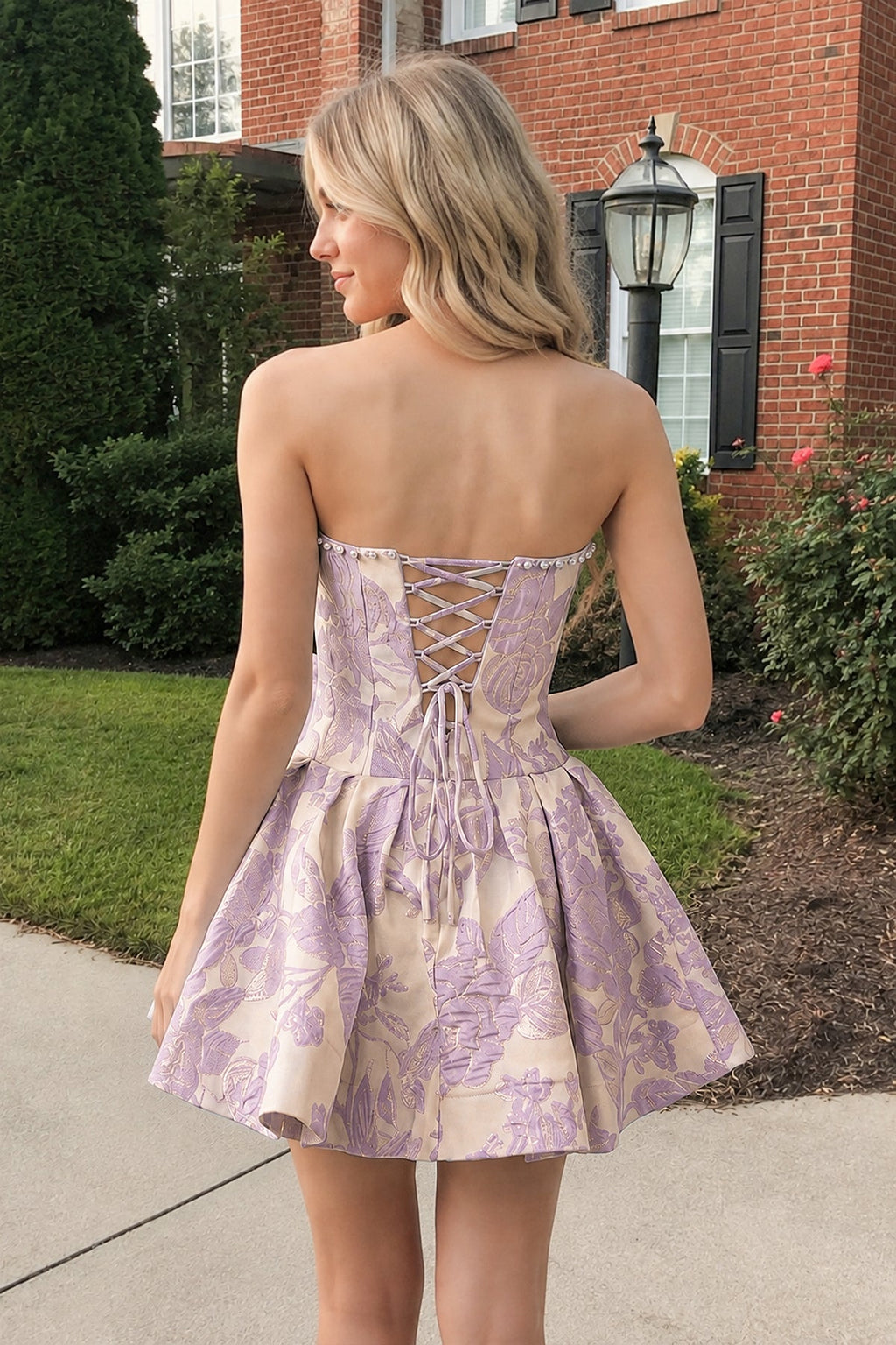 Blue Flower Jacquard Strapless A-Line Bowknot Homecoming Dress With Pearl