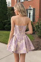 Blue Flower Jacquard Strapless A-Line Bowknot Homecoming Dress With Pearl