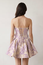Blue Flower Jacquard Strapless A-Line Bowknot Homecoming Dress With Pearl