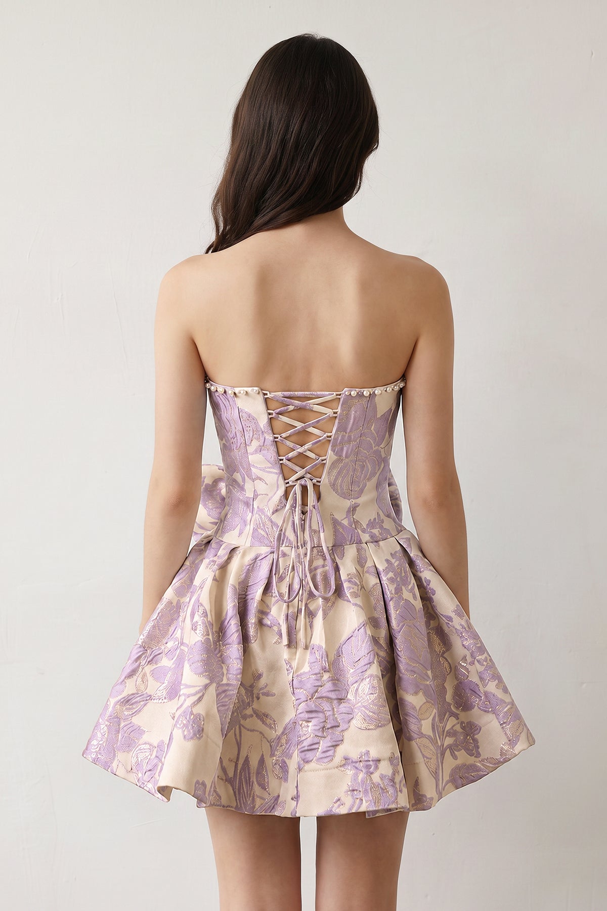 Blue Flower Jacquard Strapless A-Line Bowknot Homecoming Dress With Pearl