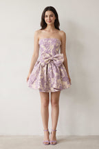 Blue Flower Jacquard Strapless A-Line Bowknot Homecoming Dress With Pearl