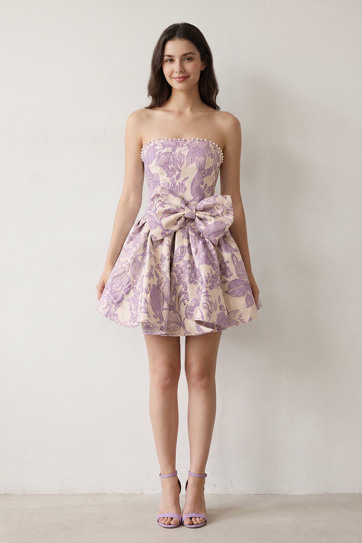 Blue Flower Jacquard Strapless A-Line Bowknot Homecoming Dress With Pearl