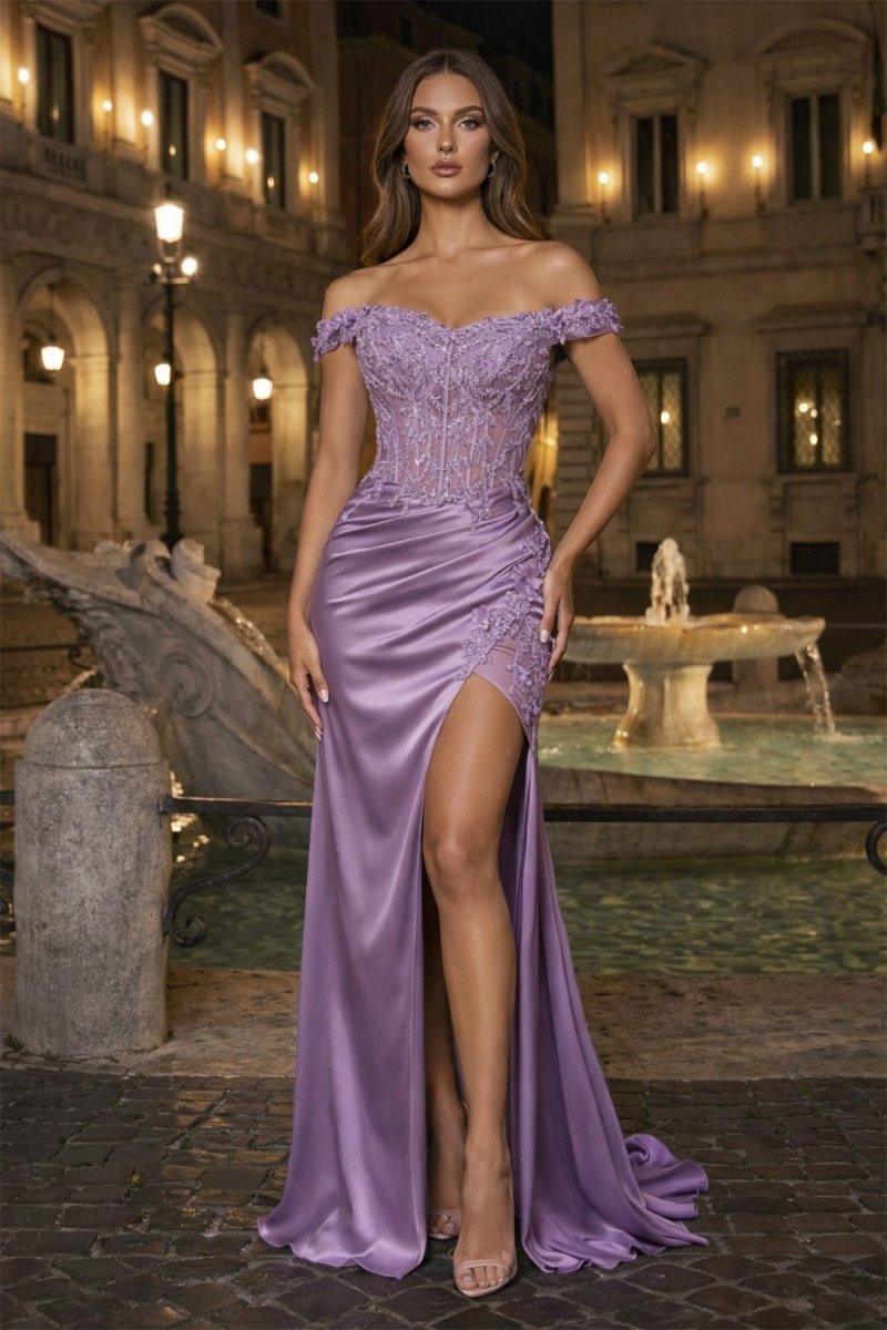 Burgundy Off The Shoulder Mermaid Beaded Satin Long Formal Prom Gown With Appliques