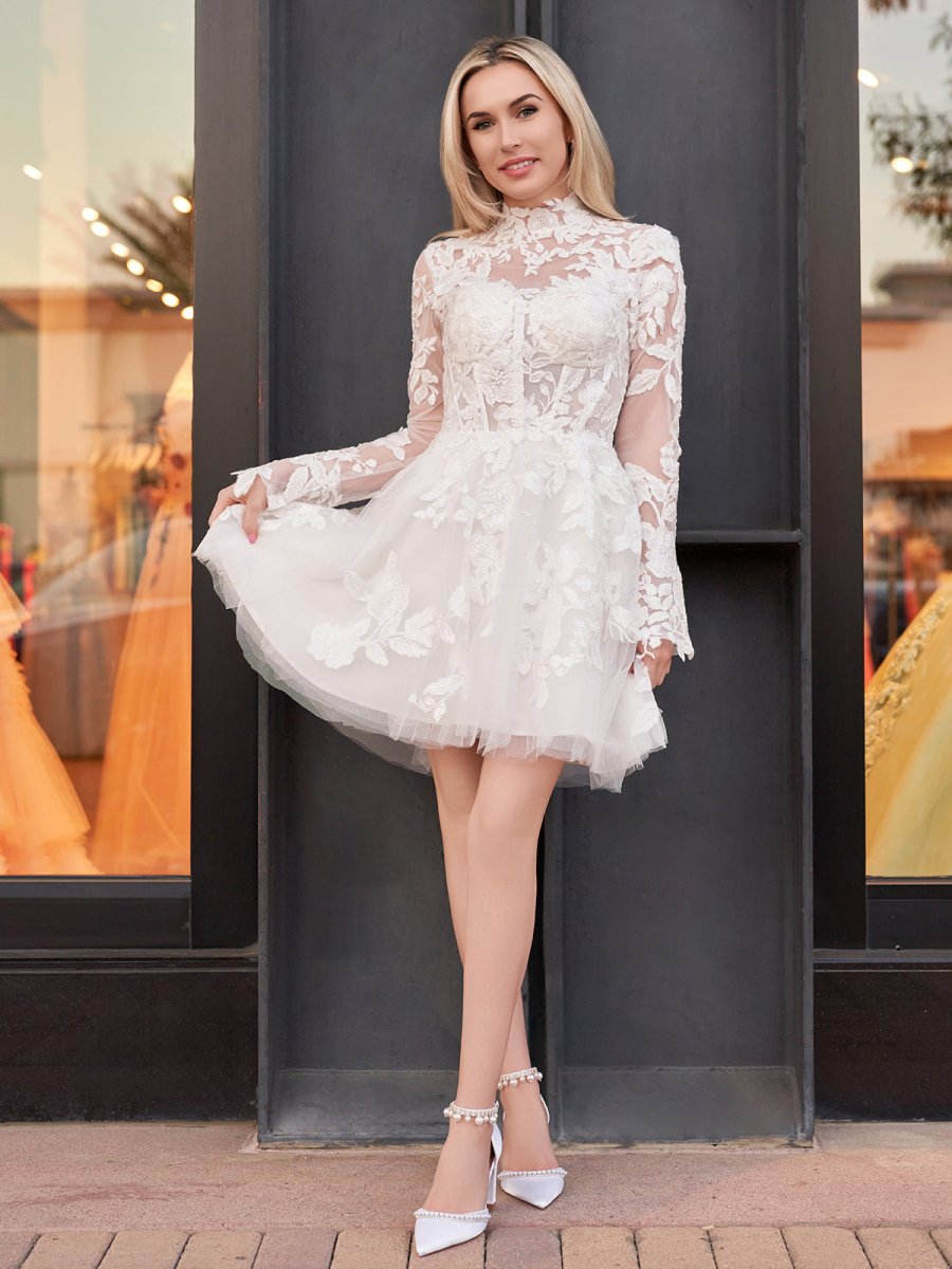 Diamond White Lace A-Line Wedding Dress with Floor Length