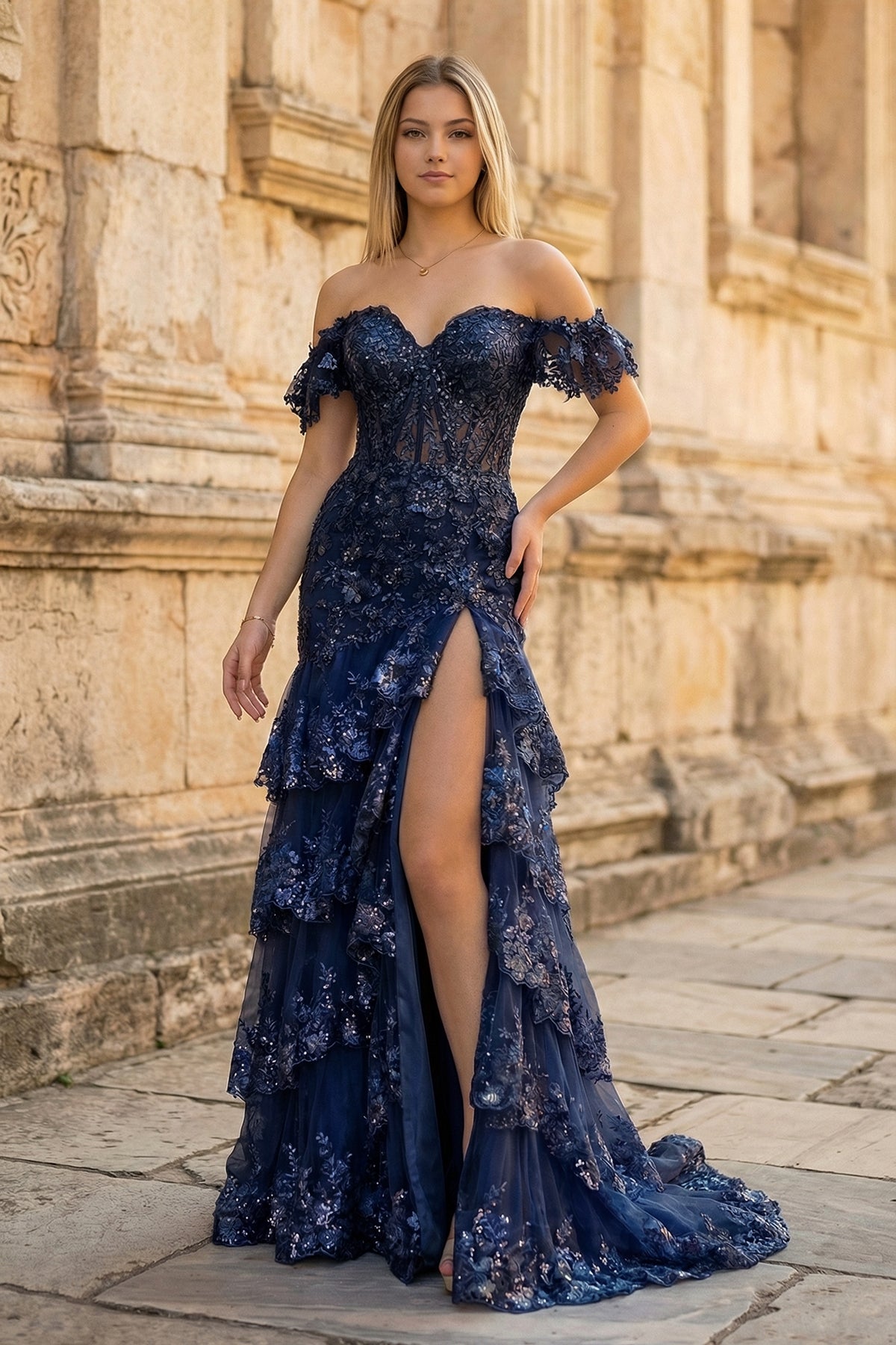 Petronella navy blue front view prom dress