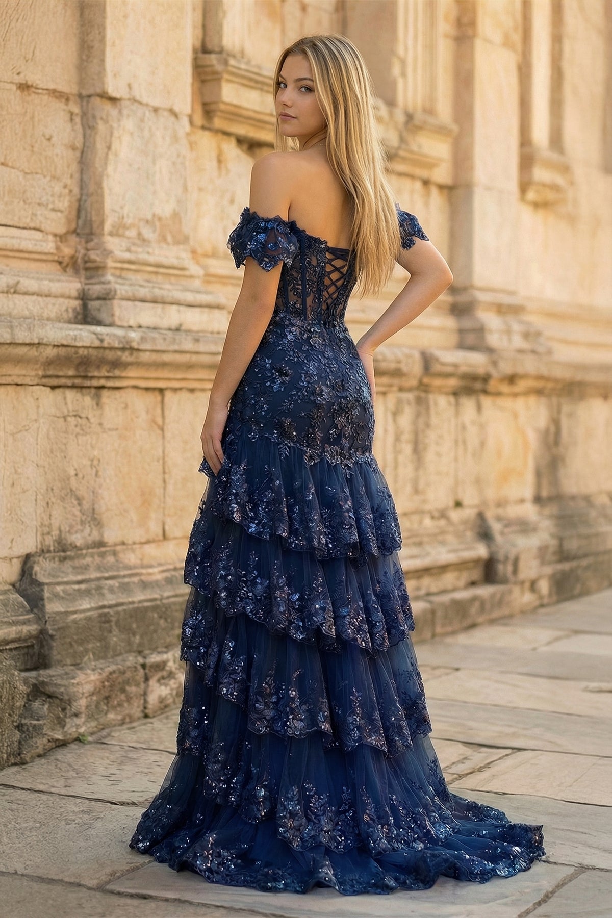 Petronella navy blue back view prom dress