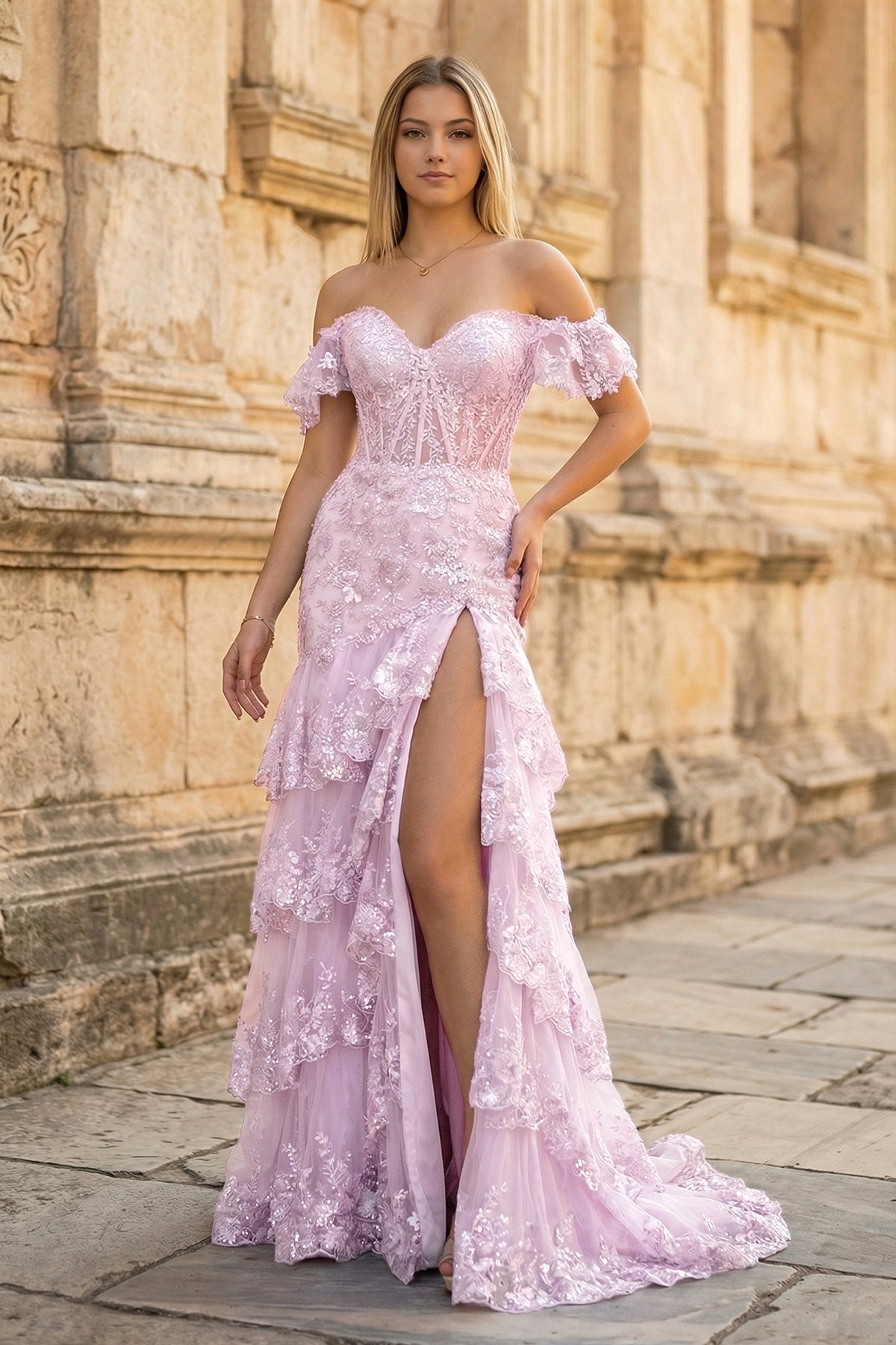 Petronella pink front view prom dress