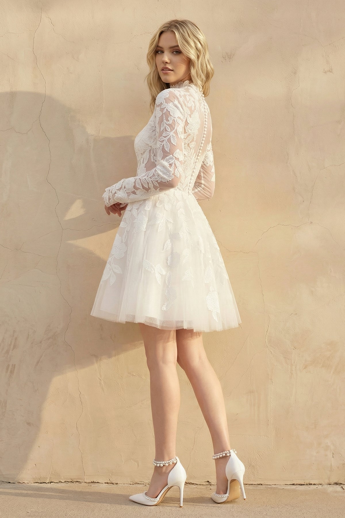 Diamond White Lace A-Line Wedding Dress with Floor Length